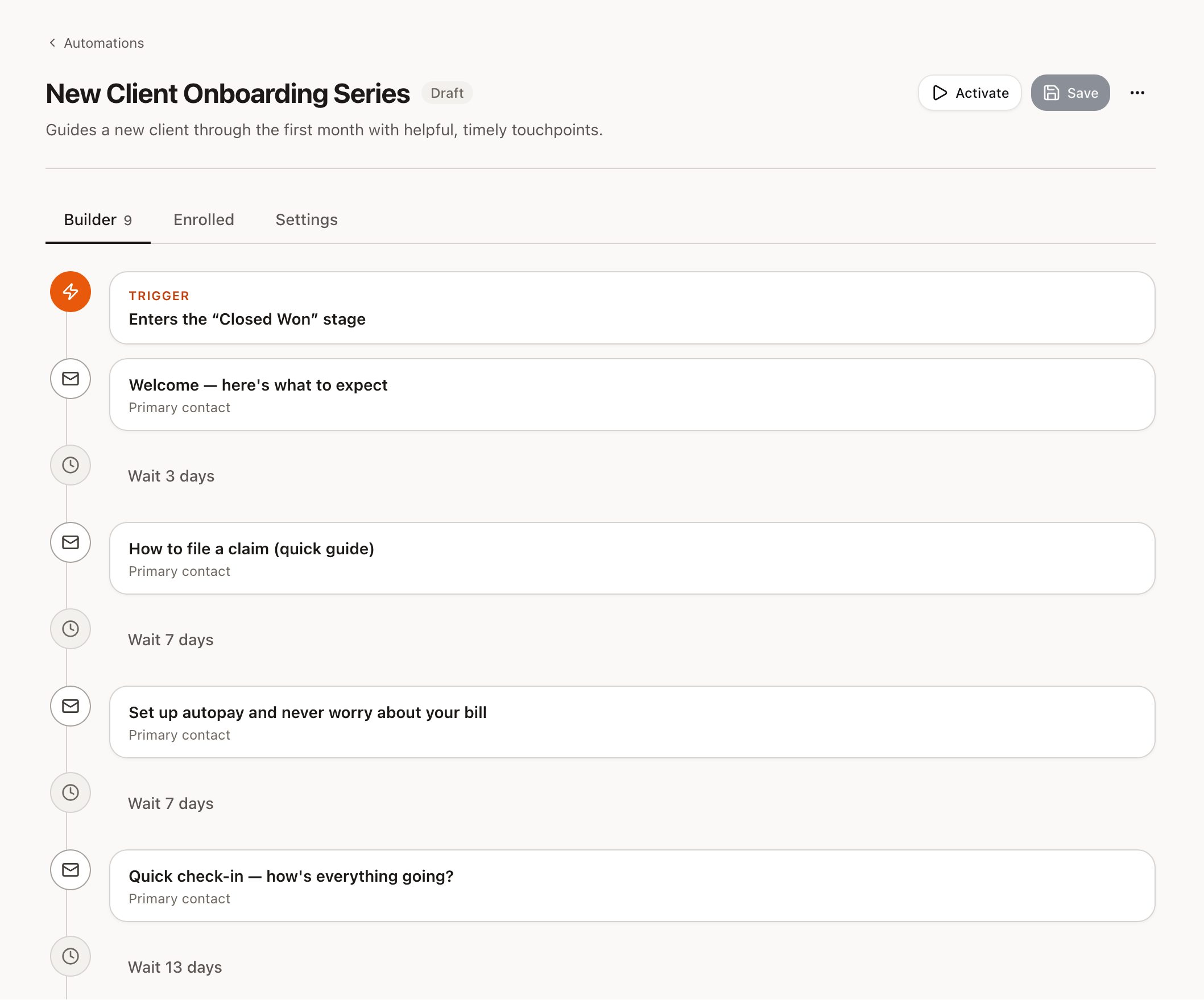 Binder automation builder showing a new client onboarding email sequence triggered by the Closed Won stage