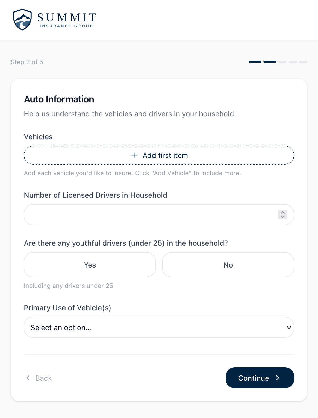 Branded client application form collecting auto insurance details